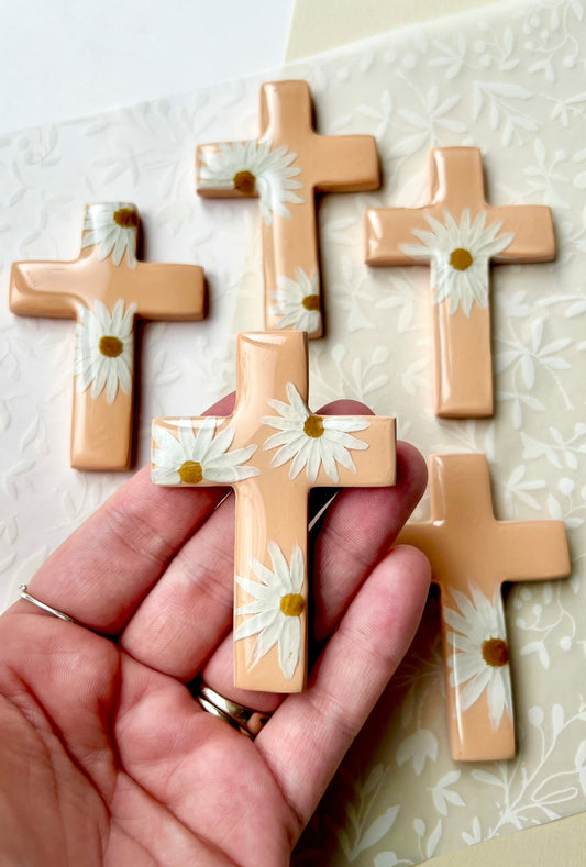 Daisy Comfort Cross – Peach Polymer Clay Cross with Handcrafted Flowers | Faith Gift, Sympathy Keepsake, Palm Cross for Prayer & Peace