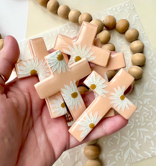 Daisy Comfort Cross – Peach Polymer Clay Cross with Handcrafted Flowers | Faith Gift, Sympathy Keepsake, Palm Cross for Prayer & Peace