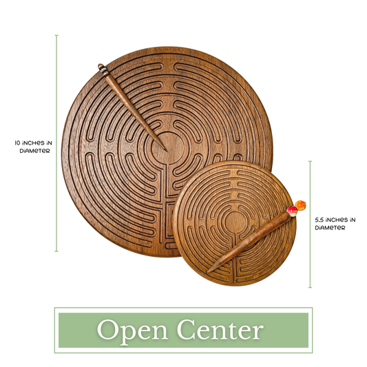 Wooden labyrinth discs with carved patterns and wooden styluses on white background with descriptive text.
