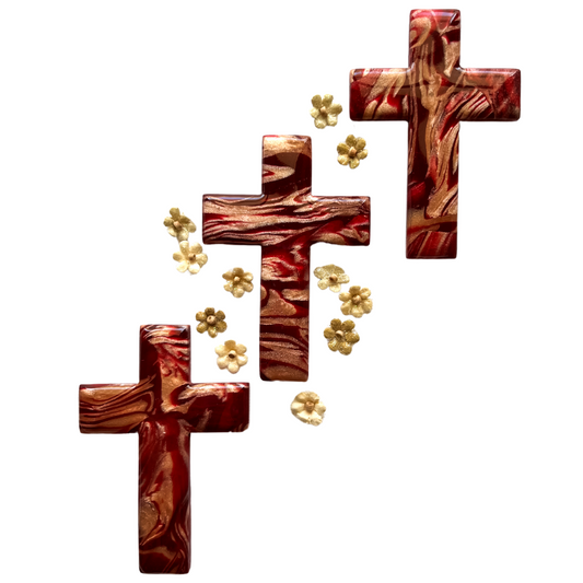 Handheld Comfort Cross – Red Gold Polymer Clay Palm Cross | Christian Prayer Gift | Anxiety Relief Pocket Cross