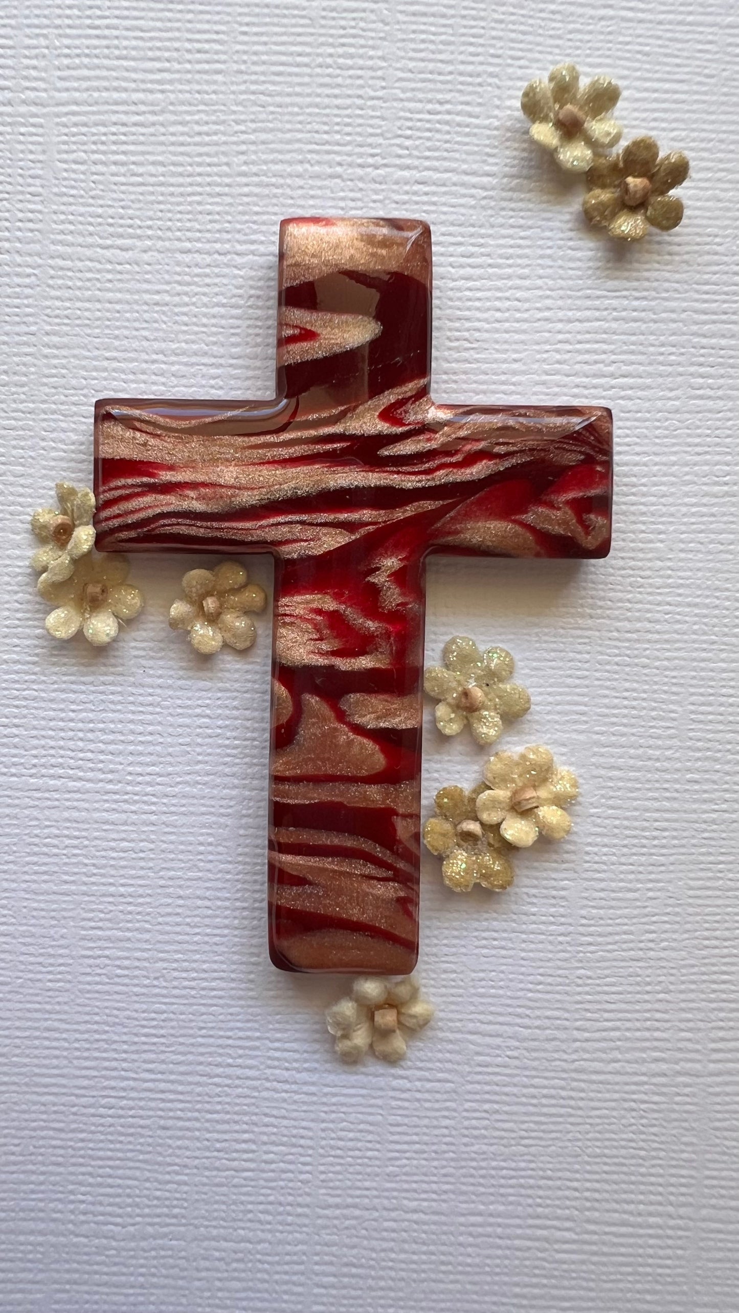 Handheld Comfort Cross – Red Gold Polymer Clay Palm Cross | Christian Prayer Gift | Anxiety Relief Pocket Cross