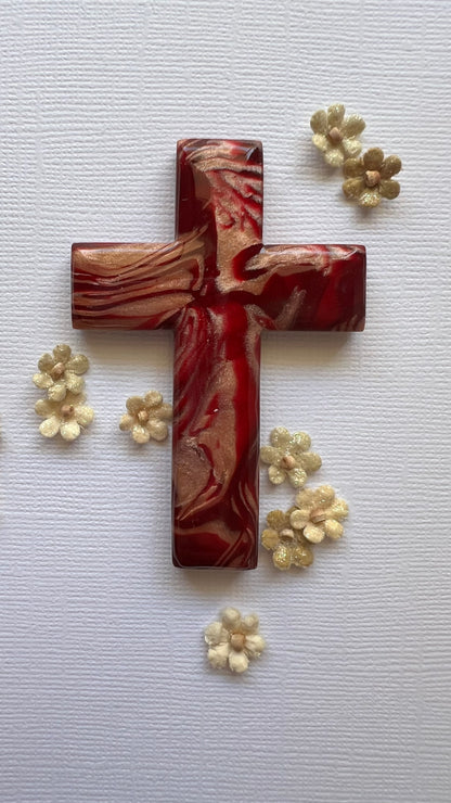Handheld Comfort Cross – Red Gold Polymer Clay Palm Cross | Christian Prayer Gift | Anxiety Relief Pocket Cross