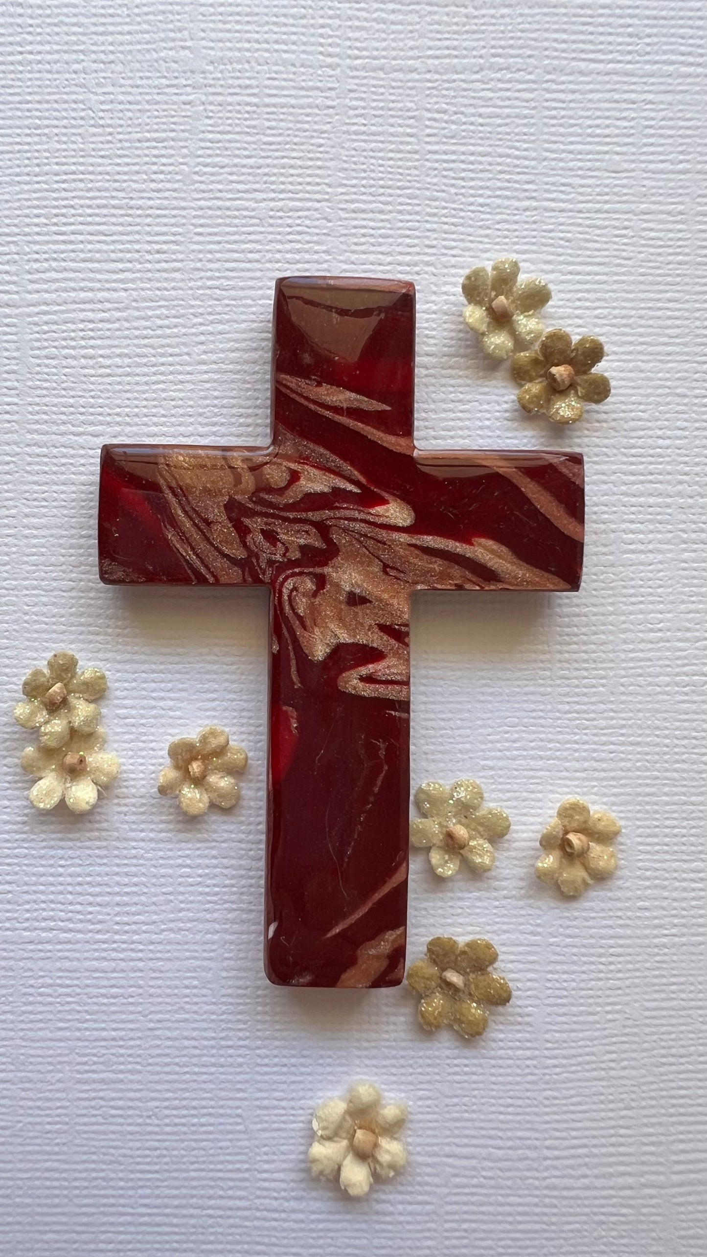 Handheld Comfort Cross – Red Gold Polymer Clay Palm Cross | Christian Prayer Gift | Anxiety Relief Pocket Cross