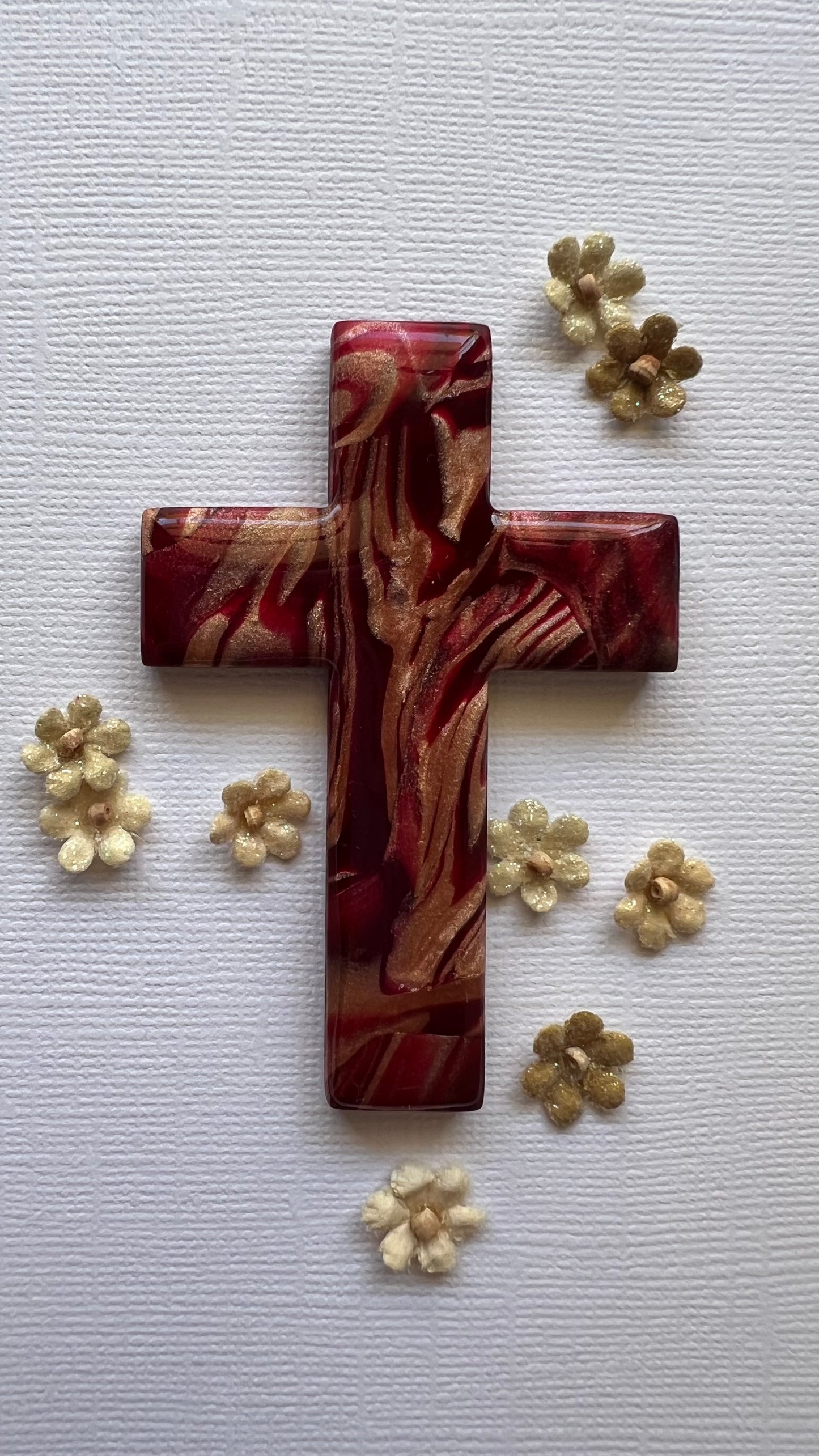 Handheld Comfort Cross – Red Gold Polymer Clay Palm Cross | Christian Prayer Gift | Anxiety Relief Pocket Cross