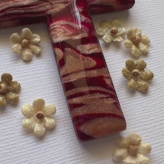 Handheld Comfort Cross – Red Gold Polymer Clay Palm Cross | Christian Prayer Gift | Anxiety Relief Pocket Cross
